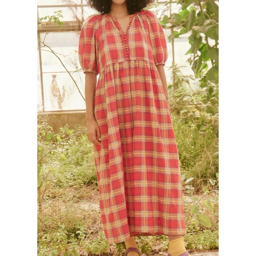THE GREAT. Midi Plaid The Ravine Puff-Sleeve Dress